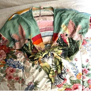 Farm Rio Parrot Rainbow Striped Wrap Top